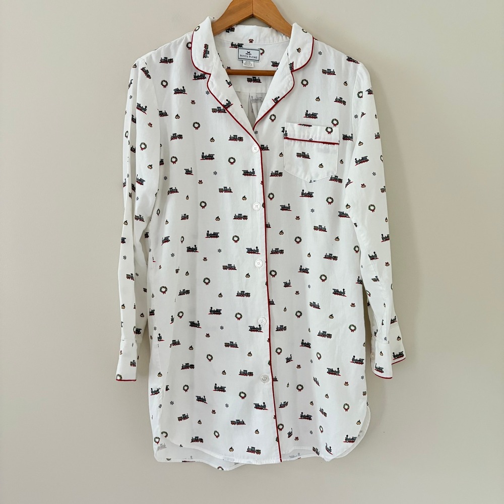 Petite Plume Nightshirt S White Christmas Train Cotton Holiday Sleepwear